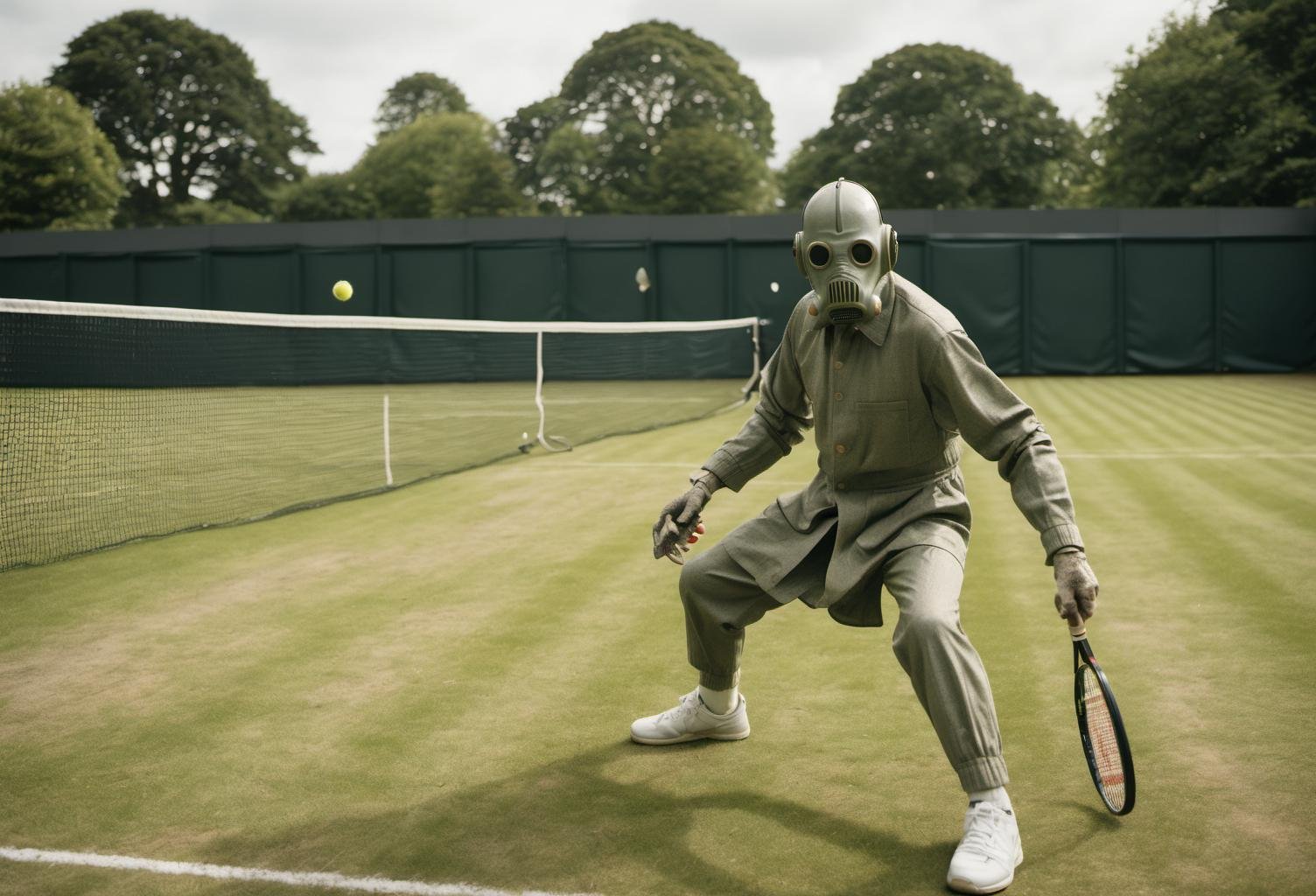 <lora:SDXL Grab-Bag-2 - Gasmask Guys - Trigger is grbtw artstyle:1> Playing tennis at Wimbledon, grbtw artstyle