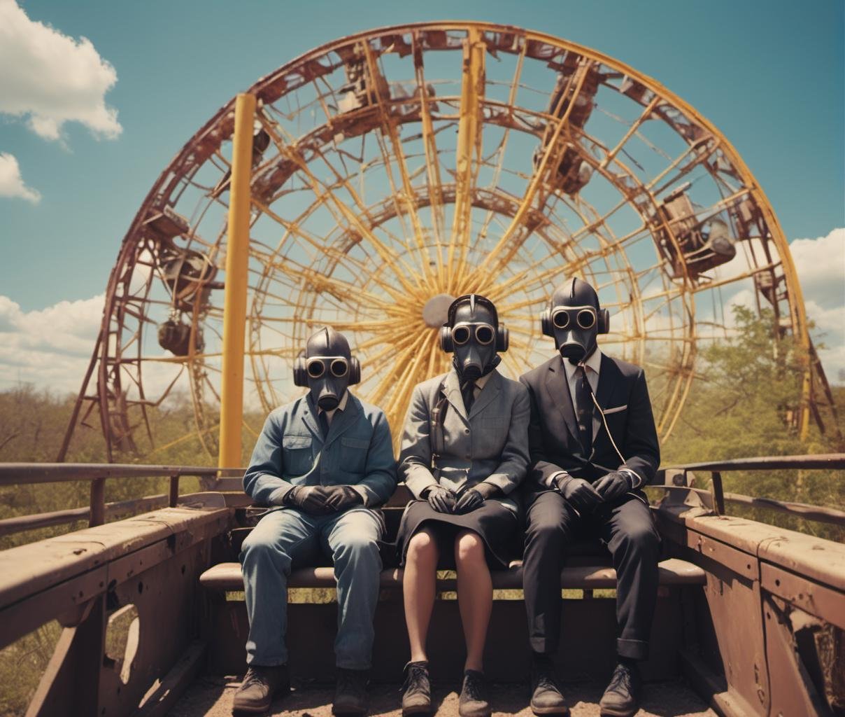 grbtw artstyle, a couple riding a rollercoaster in an abandoned theme park in New Orleans. Sunny day. <lora:SDXL Grab-Bag-2 - Gasmask Guys - Trigger is grbtw artstyle:1>