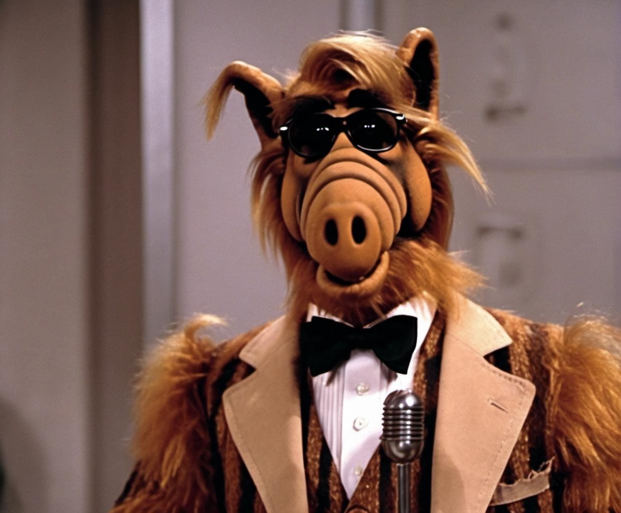<lora:Alf SDXL LoRA - Trigger w Alf Person:.8> Film footage of alf person in a remake of the Batman Forever, strong, Cowboy Shot,LateSummer,Evening