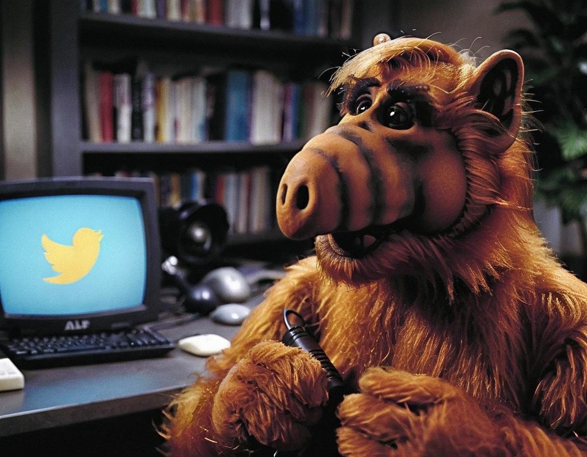 <lora:Alf SDXL LoRA - Trigger w Alf Person:1> Alf person scoping out the twitter offices late at night using a flashlight. 