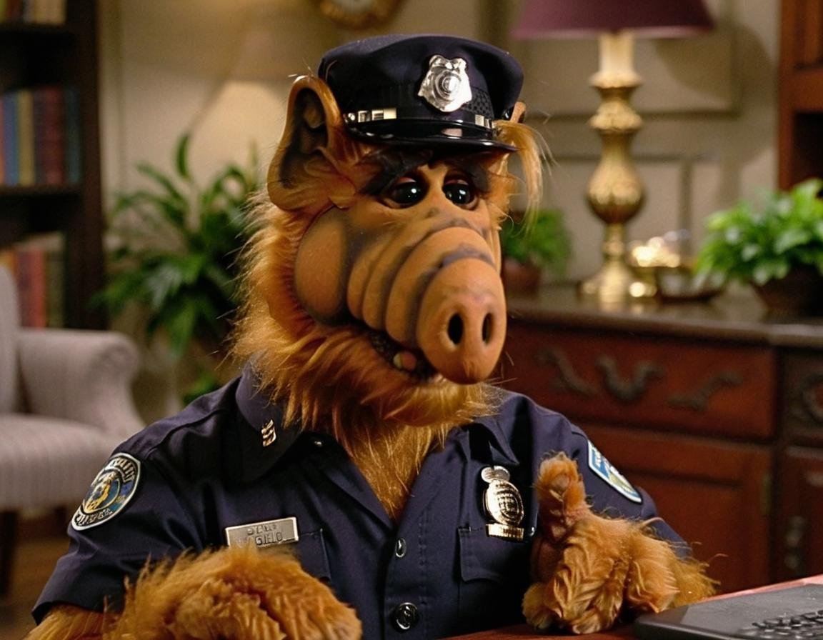 <lora:Alf SDXL LoRA - Trigger w Alf Person:1> Alf person joins the police force after carjacking a car that was modified to look like a cat. 