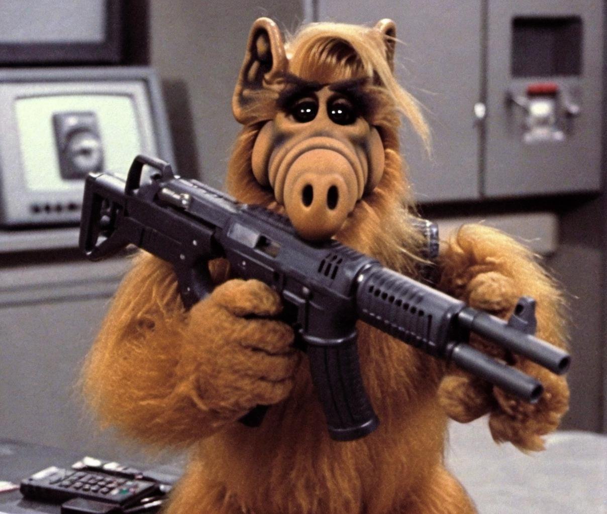 <lora:Alf Person - 1500:1> alf person holding a machine gun at the shooting range. photorealisitc, angry alf.