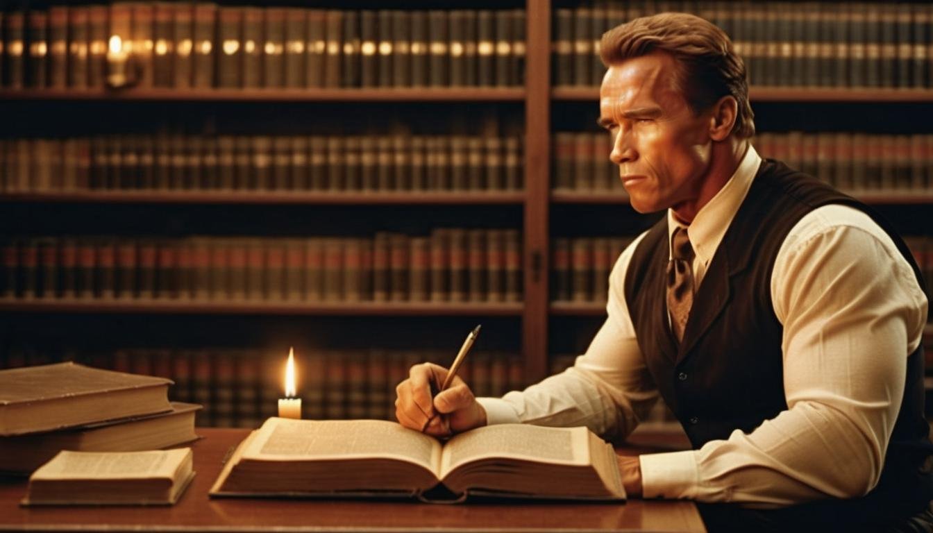 <lora:Arnold Schwarzenegger 90s - (Trigger is Arnold Person):1>  A philosophical debate in a candlelit library, Arnold person  challenges scholars with her revolutionary ideas, shot in dark amber tones, representing the quest for knowledge.