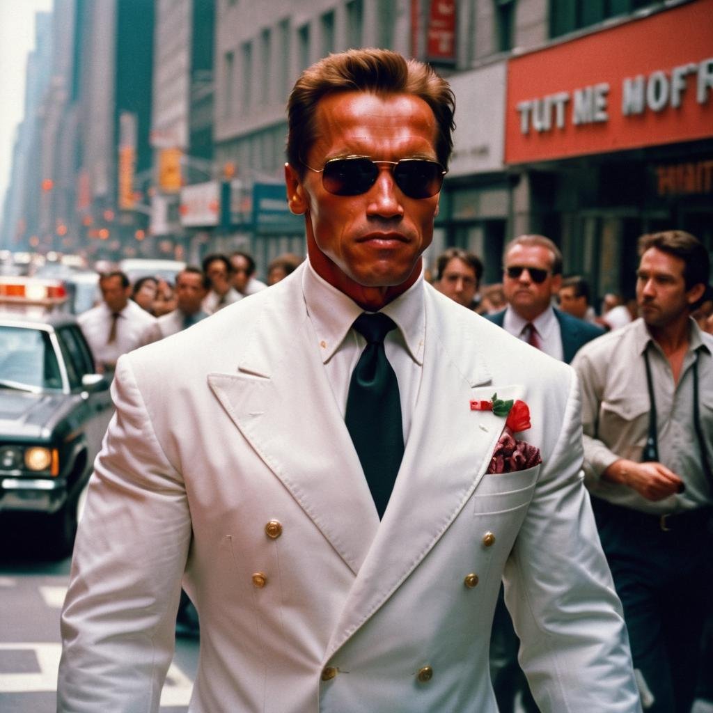 arnold person photo walking in new york city, shot on Fujifilm Superia 400, wearing a stylish white suit, natural lighting, close up shot, 32k, cinematic composition, professional color grading, film grain, atmosphere, wondrous <lora:Arnold Schwarzenegger 90s - (Trigger is Arnold Person):1>