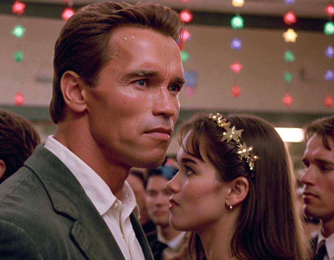 , Film scene starring arnold  person , in a school gym during a 90s prom night, decorated with glittering ball lights, shot amidst dancing pairs, reliving teen romance. <lora:Arnold Schwarzenegger 90s - (Trigger is Arnold Person):1>