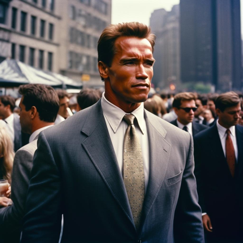 arnold person photo walking through a crowd at a rooftop cocktail party in New York City, shot on Fujifilm Superia 400, wearing a stylish suit, natural lighting, close up shot, 32k, cinematic composition, professional color grading, film grain, atmosphere, wondrous <lora:Arnold Schwarzenegger 90s - (Trigger is Arnold Person):1>