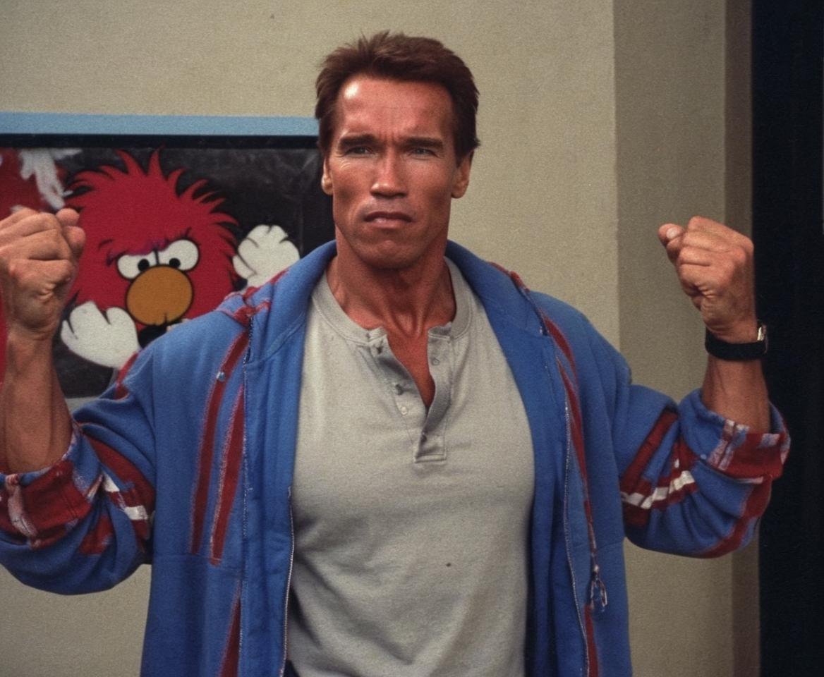 <lora:Arnold Schwarzenegger 90s - (Trigger is Arnold Person):1> Arnold person in a muppet costume. The costume is fluffy and blue with a hood. Wide shot.
