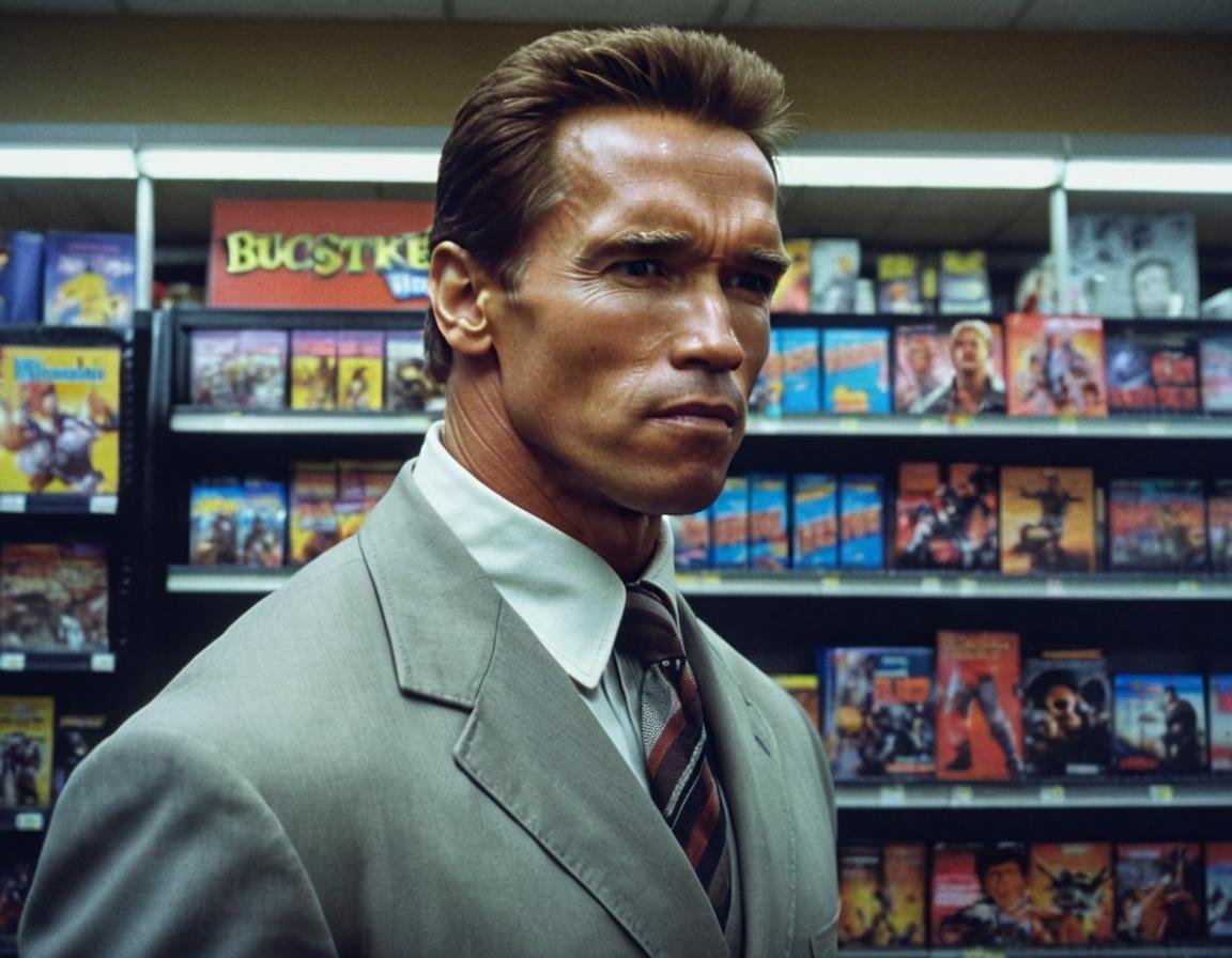, Film scene showcasing arnold  person , at a bustling Blockbuster Video store, under overhead artificial lighting, taken from a wide-angle, portraying the ritual of weekend movie rentals. <lora:Arnold Schwarzenegger 90s - (Trigger is Arnold Person):1>