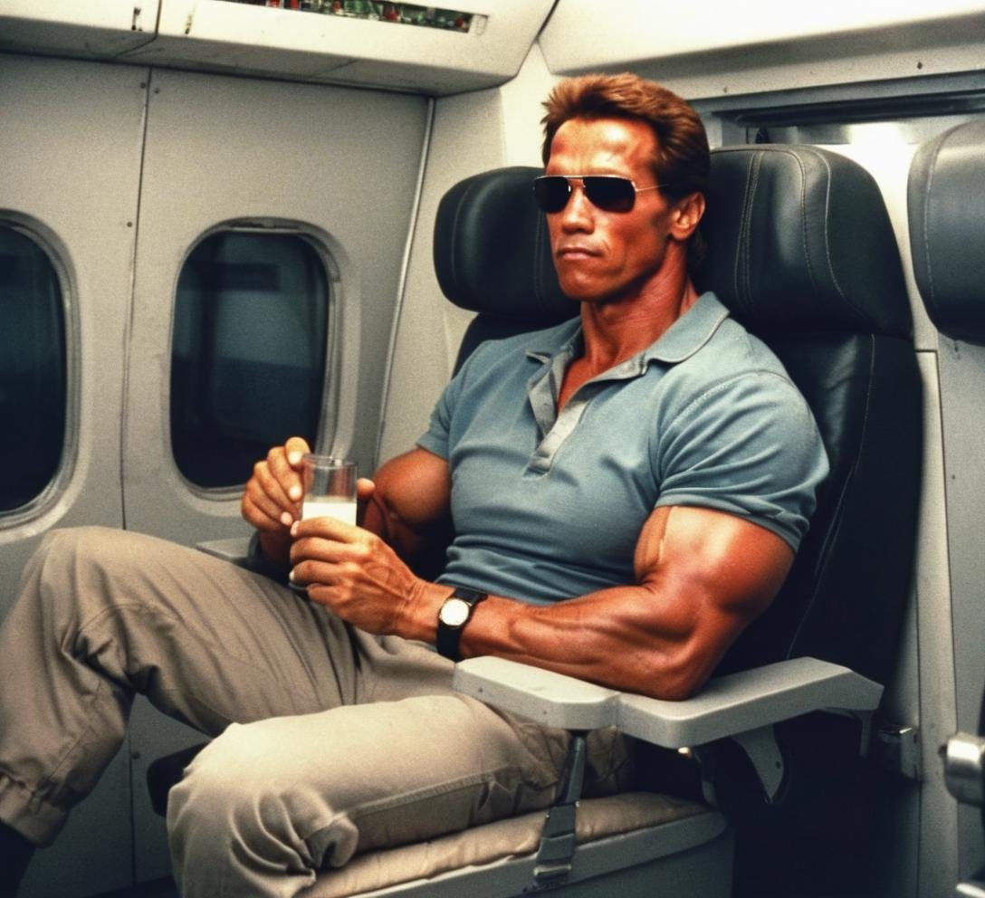 <lora:Arnold Schwarzenegger 90s - (Trigger is Arnold Person):1> Arnold person flying on a commercial airline, pushing the beverage cart.