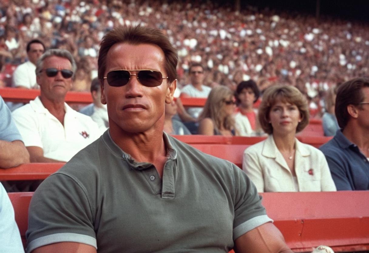 Homemade film footage of arnold personat a baseball game. arnold personis sitting in the stands, watching the game. the game is being played at a stadium. <lora:Arnold Schwarzenegger 90s - (Trigger is Arnold Person) - Civitai:1>