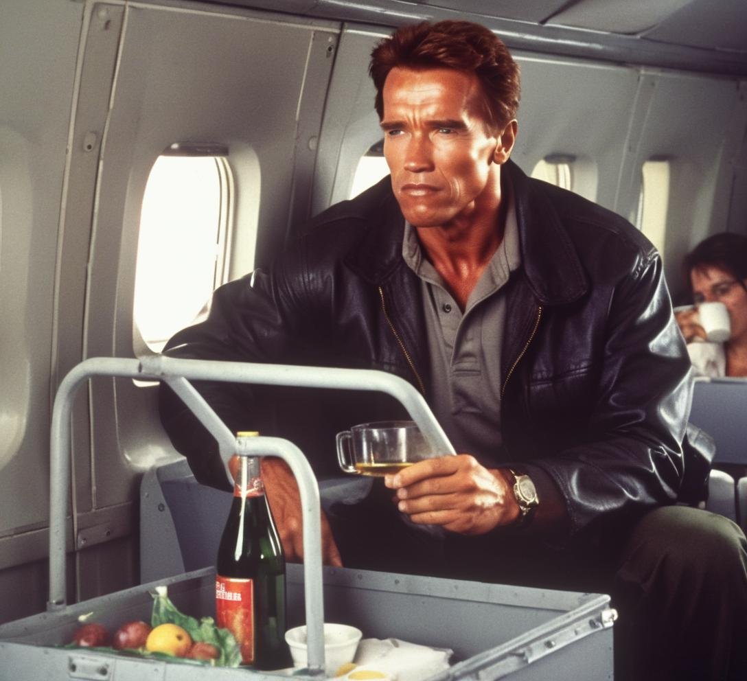 <lora:Arnold Schwarzenegger 90s - (Trigger is Arnold Person):1> Arnold person flying on a commercial airline, pushing the beverage cart.