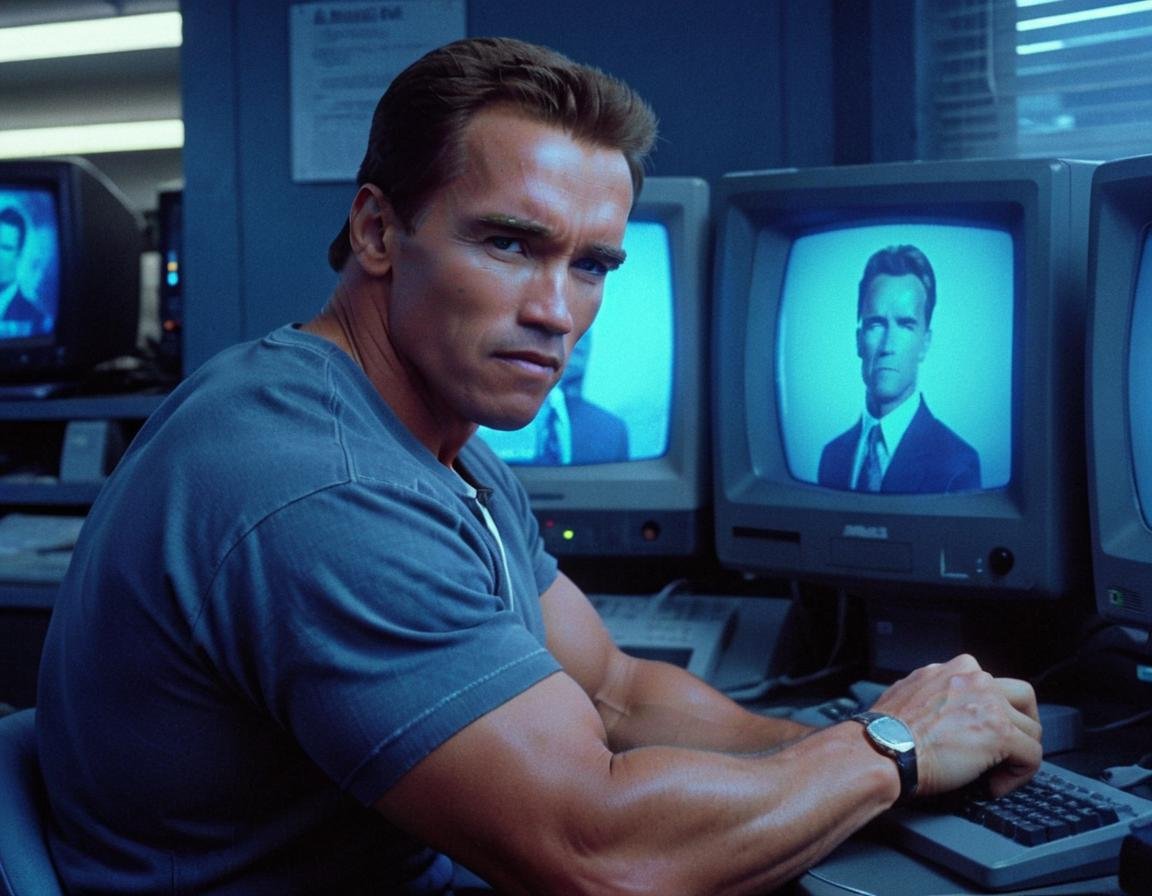 , Film scene starring arnold  person , in a 90s chat room setting with dated computer monitors, under a cool blue hue, shot from an eye-level angle, reflecting the dawn of the internet age. <lora:Arnold Schwarzenegger 90s - (Trigger is Arnold Person):1>