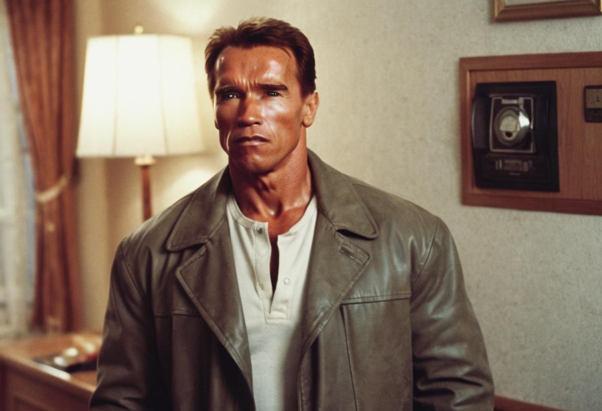 A scene from a new film starring arnold personas a private investigator, set in a dingy motel room. The scene involves arnold personinterrogating a suspect and the style is thriller, noir style, low light. <lora:Arnold Schwarzenegger 90s - (Trigger is Arnold Person) - Civitai:1>