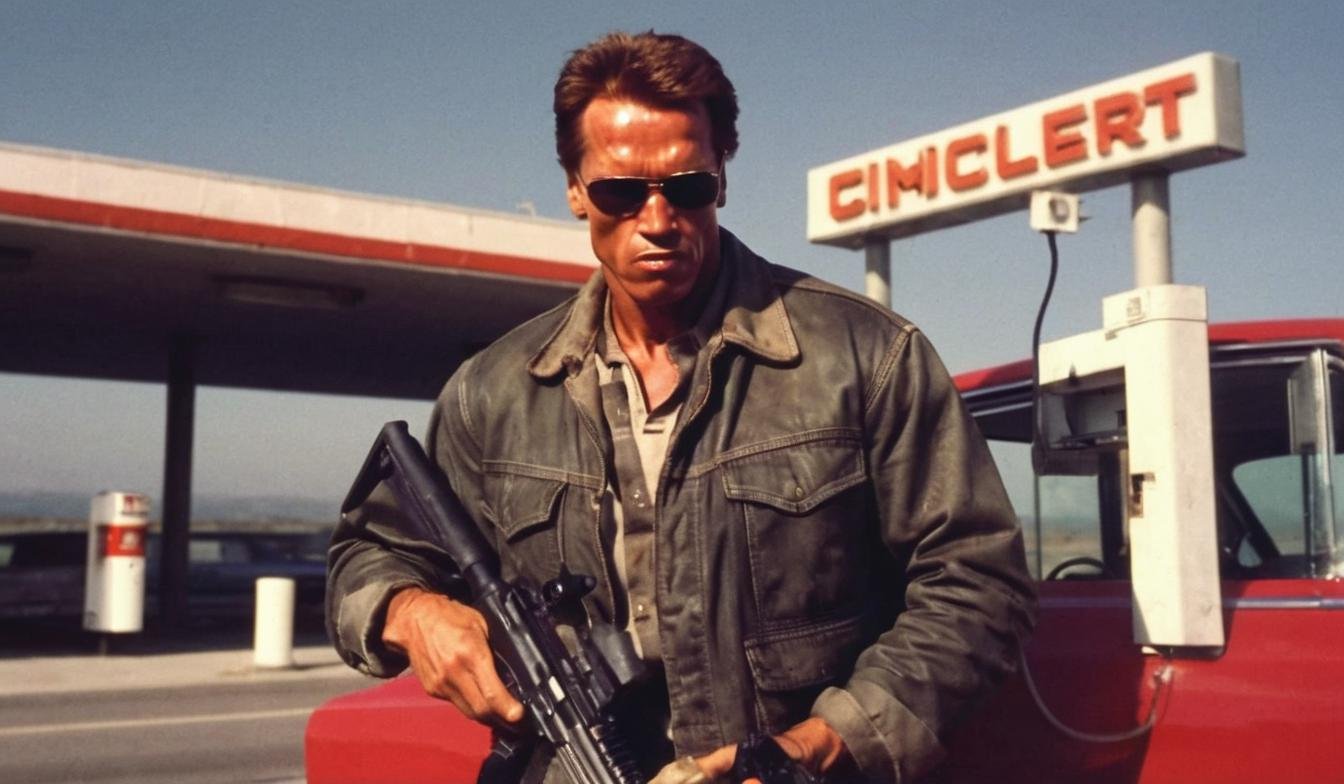 ARnold person shooting a rifle at a gas pump across a highway. photorealistic, <lora:Arnold Schwarzenegger 90s - (Trigger is Arnold Person):1>