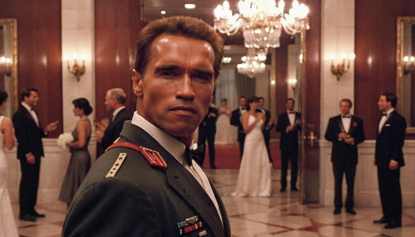 <lora:Arnold Schwarzenegger 90s - (Trigger is Arnold Person):1>  Arnold person , amidst a grand ballroom, dances alone, her dress twirling elegantly, under sparkling chandeliers, showcasing the elegance of solitude.