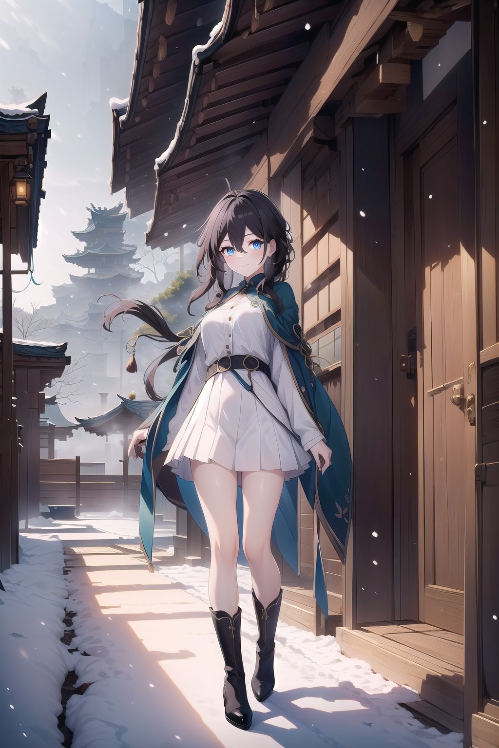 masterpiece, best quality, very aesthetic, absurdres, (recent), 1girl, solo, looking at viewer, blush, smile, long hair, bangs, skirt, shirt, blue eyes, long sleeves, closed mouth, standing, white shirt, ahoge, black hair, pleated skirt, boots, outdoors, frills, day, belt, hood, cape, black footwear, tree, blue sky, parted bangs, white skirt, cloak, snow, snowing, winter, green cape, (artsc), (Ruan-mei)