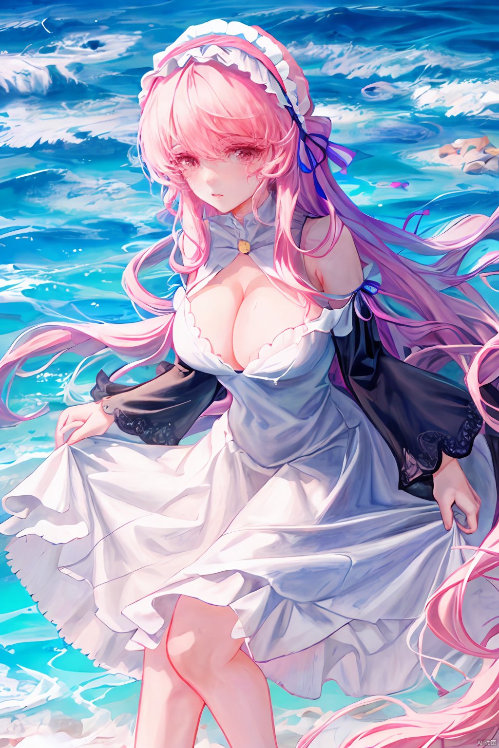 TT,ultra-high resolutions,32K UHD,best quality,masterpiece,1girl,solo,long hair,breasts,looking at viewer,bangs,long sleeves,dress,bare shoulders,twintails,very long hair,pink hair,hairband,frills,detached sleeves,wide sleeves,pink eyes,white dress,frilleddress,frilledhairband