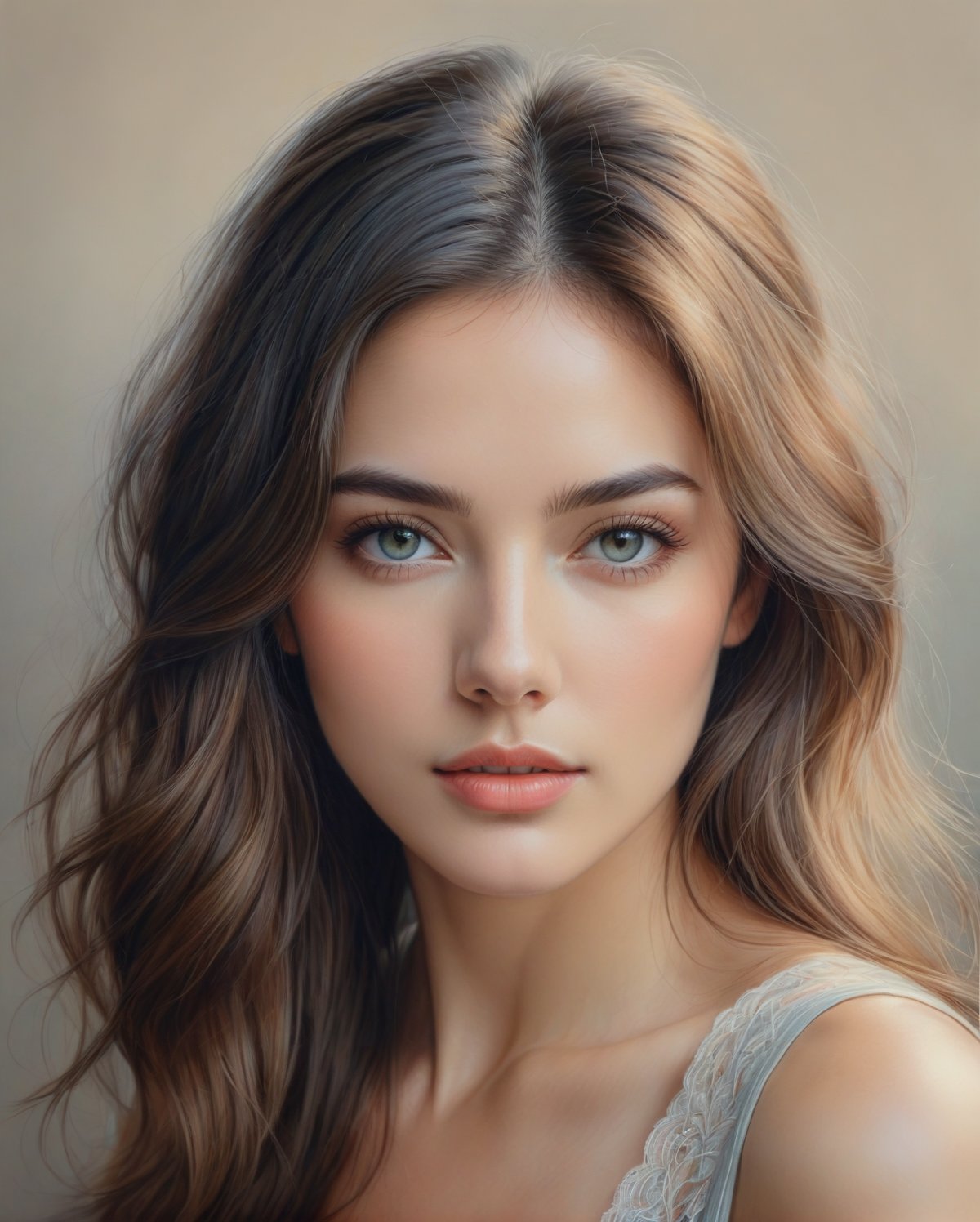 A beautifully rendered pastel color  pencil art portrait of a woman with a captivating gaze. The illustration showcases her delicate facial features, with soft shading and detailing that brings the image to life. The background is a subtle blend of gray tones, drawing focus to the woman's captivating expression and the intricate strands of her hair. The overall effect is a timeless, elegant piece that captures the essence of the subject's soul.,1girl,artint