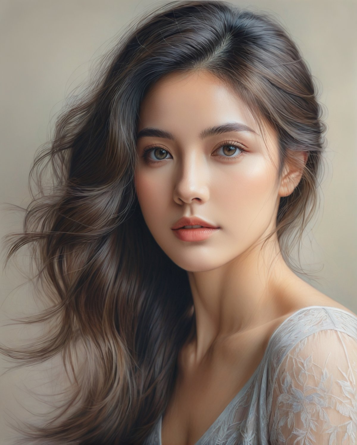 A beautifully rendered pastel color  pencil art portrait of a woman with a captivating gaze. The illustration showcases her delicate facial features, with soft shading and detailing that brings the image to life. The background is a subtle blend of gray tones, drawing focus to the woman's captivating expression and the intricate strands of her hair. The overall effect is a timeless, elegant piece that captures the essence of the subject's soul.,1girl,artint