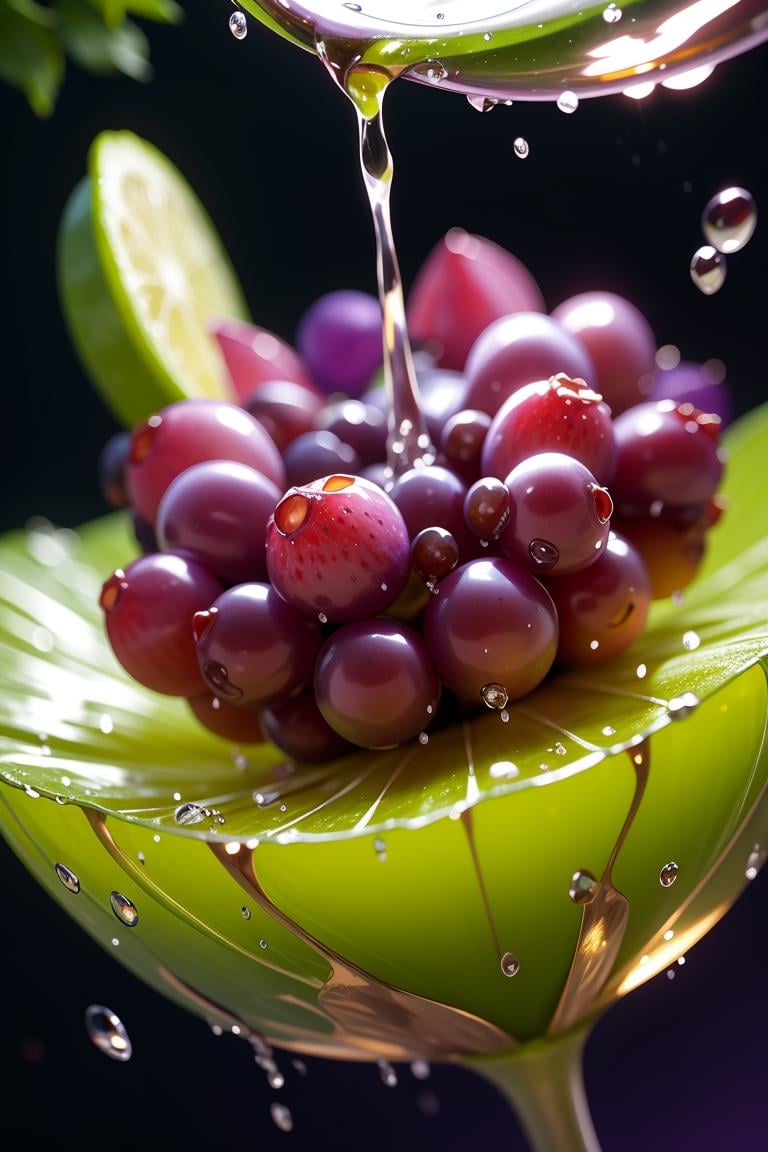 food photography, water splashing, fruit, food, no humans, many grapes, food focus, purple theme, dynamic motion, grapes, water drop, depth of field, bubble, water, splashing