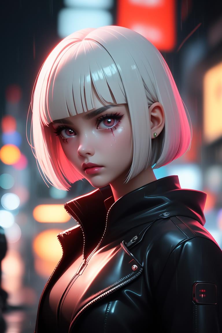 (korean:1.1) chrome android, metal skin, blank stare, chrome lips, red techno tear make-up, cyberpunk, white bob cut, in the rain, heavy rain, neon, solo focus, medium shot, at night, in seoul