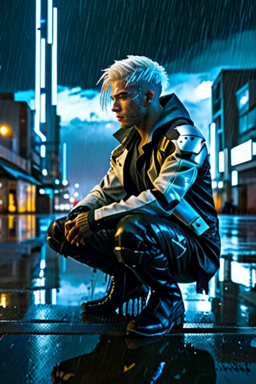 brush art, solo,1boy,sitting,white hair,male focus,outdoors,sky,cloud,wet,night,building,reflection,science fiction,rain,city,cyborg,cyberpunk