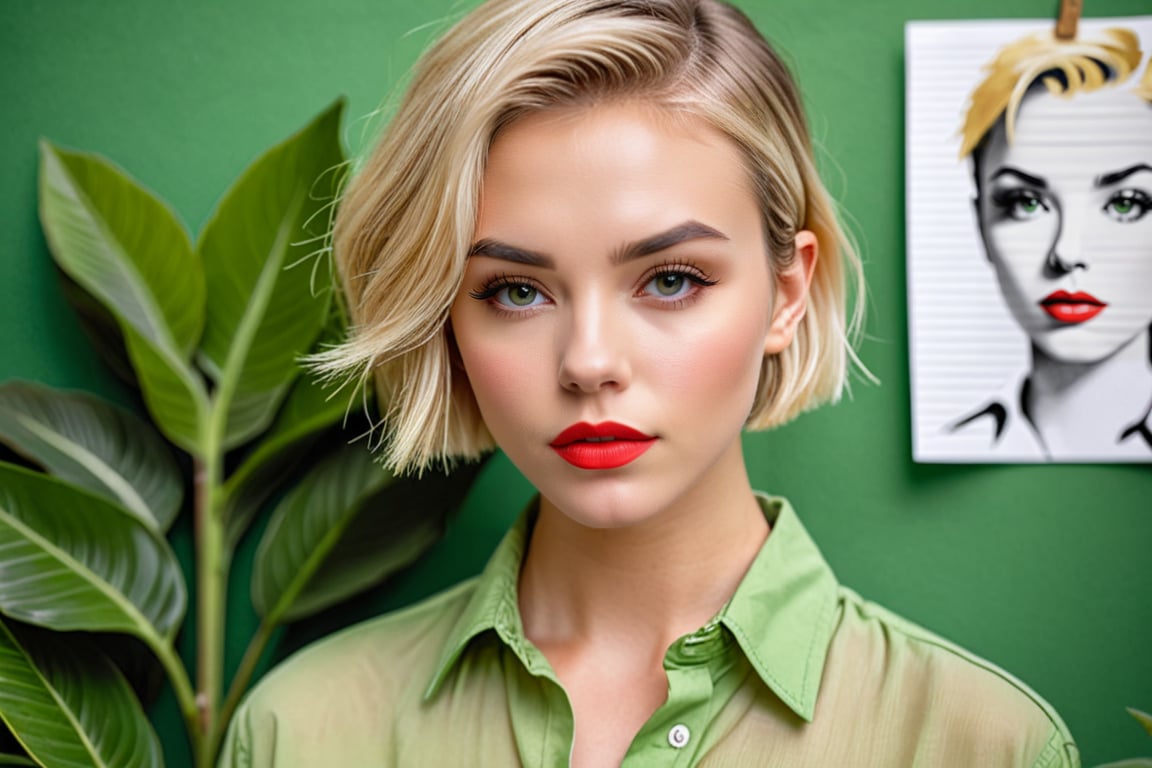 brush art, 1girl,solo,looking at viewer,short hair,blonde hair,shirt,closed mouth,collared shirt,blurry,lips,eyelashes,makeup,plant,portrait,paper,nose,green shirt,red lips