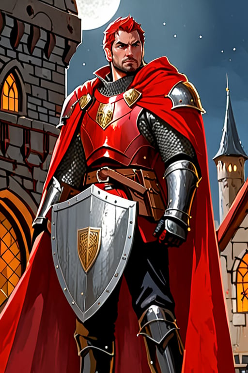 brush art, castle, holding gun, one eye closed, city lights, red cape, pauldrons, chainmail, size difference, hand up, architecture, greaves, upper body, 2others, shield, red pants, bag