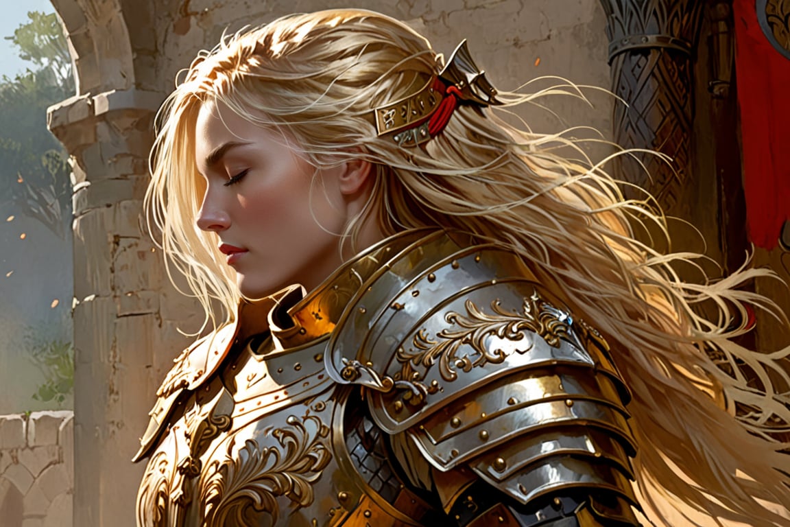 brush art, 1girl,solo,long hair,blonde hair,closed eyes,upper body,parted lips,armor,from side,profile,shoulder armor,pauldrons