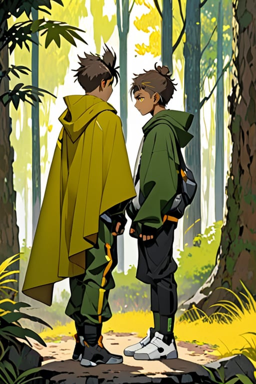 brush art, facing away, pants, painting (object), bush, potted plant, multiple boys, forest, 2boys, rock, cloak, single hair bun, wristband, outdoors, cyborg, yellow eyes, size difference