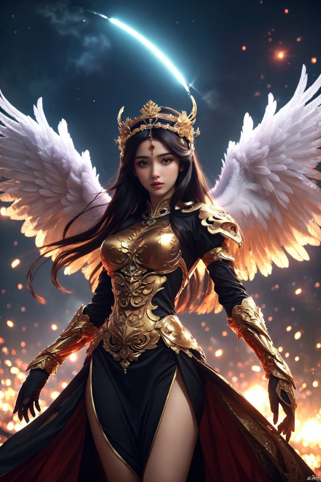 Angel Wings,Morgana ,(masterpiece, best quality:1.4),（big wings:1.5）,realistic anime style,(long exposure,shining light),dynamic streaks,luminous trails,vibrant colors,fluid movement,captivating patterns,creative experimentation,(1girl),(highest detailed),(masterpiece,best quality),Illustrative style,1girl,(masterpiece, top quality, best quality, official art, beautiful and aesthetic:1.2), huliya, qingyi, Mecha, jijianchahua, (/qingning/), jiqing, drakan_longdress_dragon crown_headdress