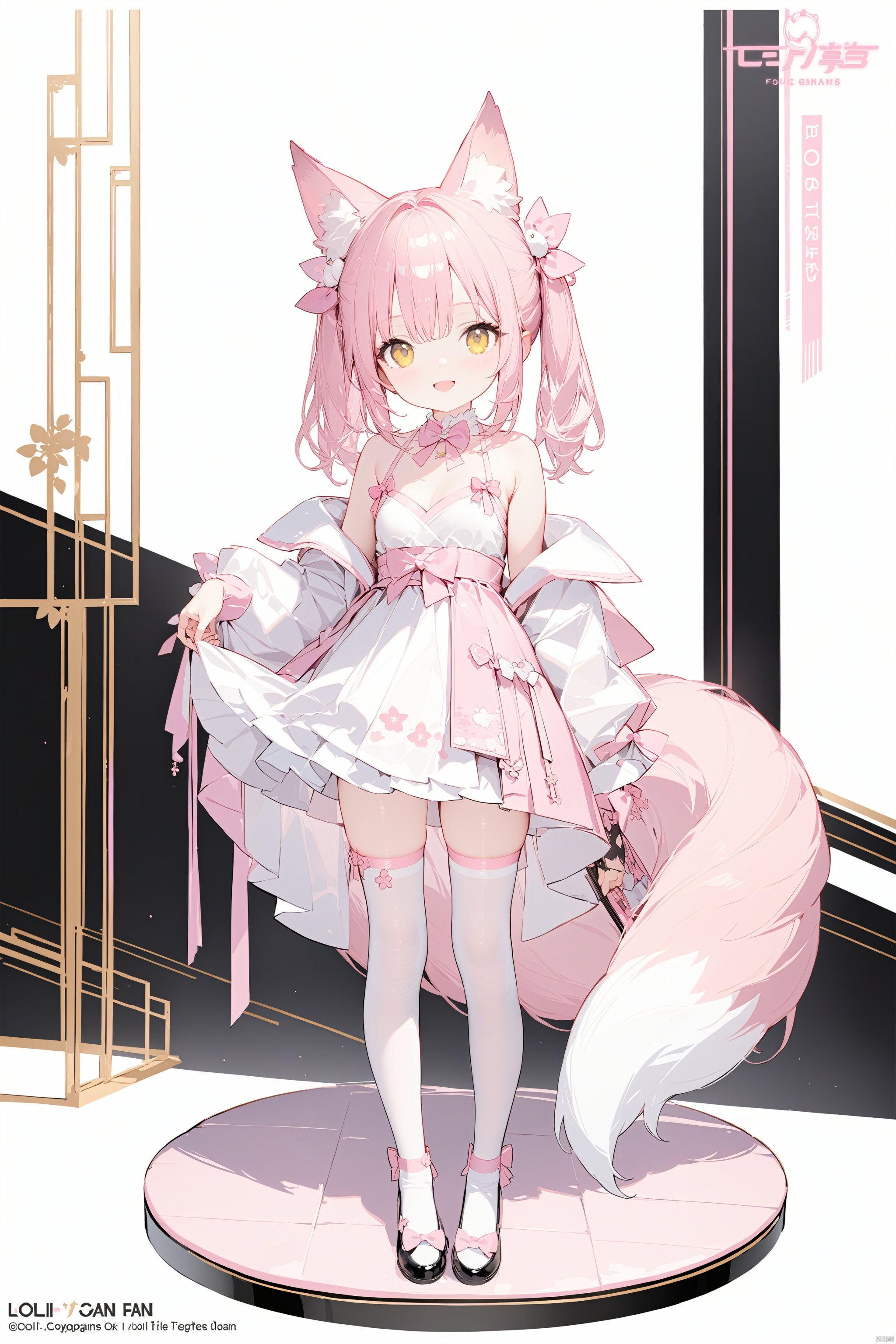  (masterpiece),(best quality),(loli),(petite),1girl, animal_ears, bare_shoulders, bow, breasts, cleavage, company_name, copyright_name, folding_fan, fox_ears, fox_tail, full_body, hand_fan, holding, holding_fan, kneehighs, long_hair, looking_at_viewer, open_mouth, pink_hair, skirt, smile, solo, standing, tail, twintails, white_legwear, yellow_eyes