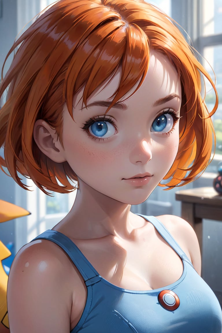 (masterpiece,  best quality),  1girl,  misty pokemon,  short hair,  orange hair,  blue eyes, disney pixar style,