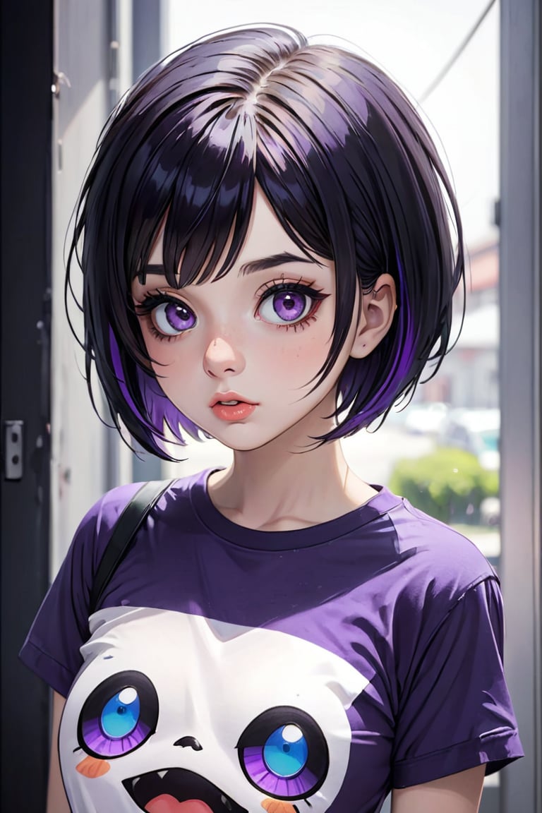 (24yo girl, beautiful girl, cute round face, big eyes, full lips, short black hair with violet streaks, emo style, t-shirt, headshot, masterpiece,  best quality,  high resolution, high_res