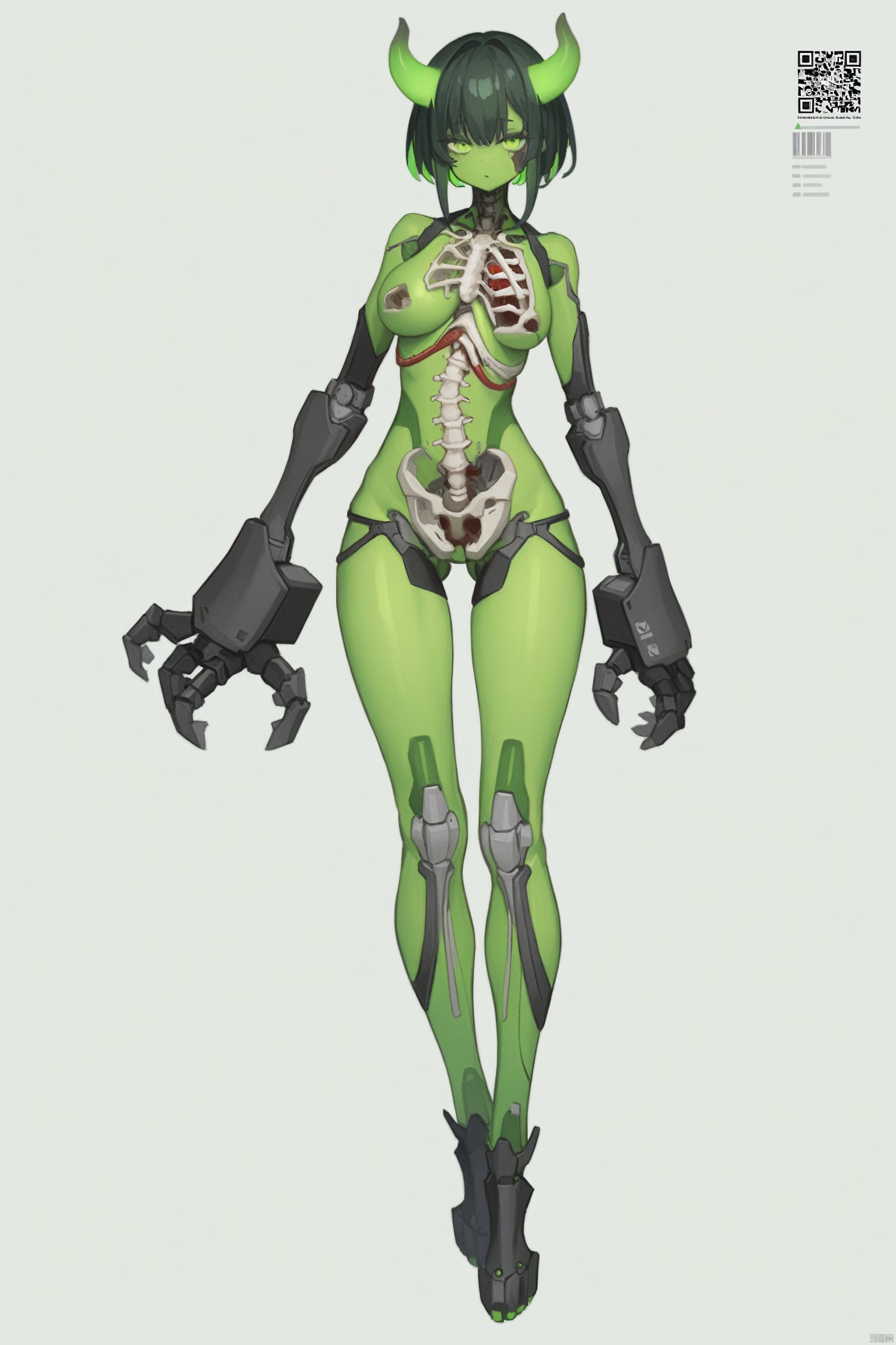 best quality,masterpiece,source_anime,8k,(ultra-detailed),jijia, 2d, anime, 1girl, solo, green eyes, horns, short hair, mechanical parts, green hair, colored skin, full body, spine, black hair, looking at viewer, barcode, grey background, breasts, oversized limbs, simple background, green skin, android, mechanical arms, cyborg,a picture of a woman in a green body suit,a character that looks like a zombie with weapons on her body