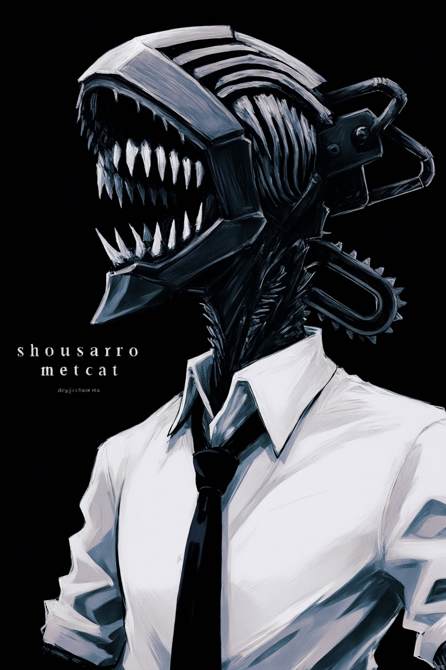  score_9, score_8_up, score_7_up, score_6_up,jijia, 2d, anime, shirt, black necktie, necktie, 1boy, white shirt, collared shirt, sharp teeth, denji (chainsaw man), solo, male focus, teeth, simple background, chain, chainsaw, black background, upper body,a picture of a man wearing a shirt and tie,an artwork of a man dressed in a white shirt and a black tie and wearing a reptilian head