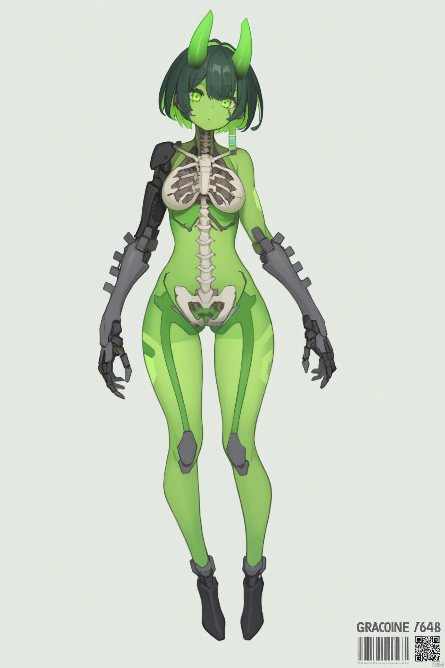  score_9, score_8_up, score_7_up, score_6_up,jijia, 2d, anime, 1girl, solo, green eyes, horns, short hair, mechanical parts, green hair, colored skin, full body, spine, black hair, looking at viewer, barcode, grey background, breasts, oversized limbs, simple background, green skin, android, mechanical arms, cyborg,a picture of a woman in a green body suit,a character that looks like a zombie with weapons on her body