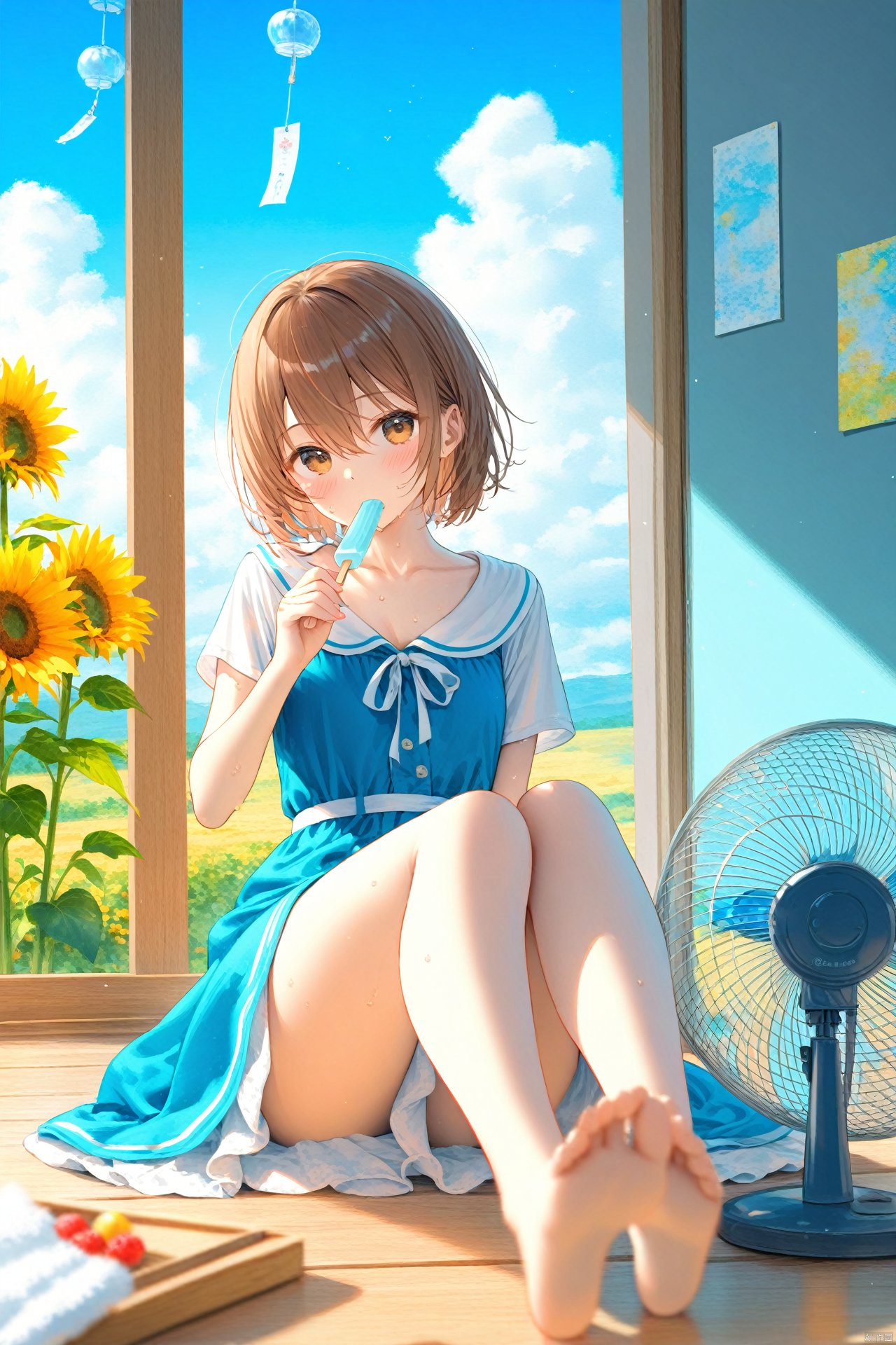 (masterpiece),(best quality),illustration,ultra detailed,hdr,Depth of field,(colorful),(chromatic aberration),1girl,solo,barefoot,brown hair,summer,cloud,brown eyes,sitting,dress,food,mouth hold,day,sky,soles,short hair,wind chime,short sleeves,electric fan,feet,blue dress,hair between eyes,bangs,blush,flower,blue sky,indoors,popsicle,toes,twitter username,on floor,looking at viewer,collarbone,sweat,sunflower,cloudy sky,towel,