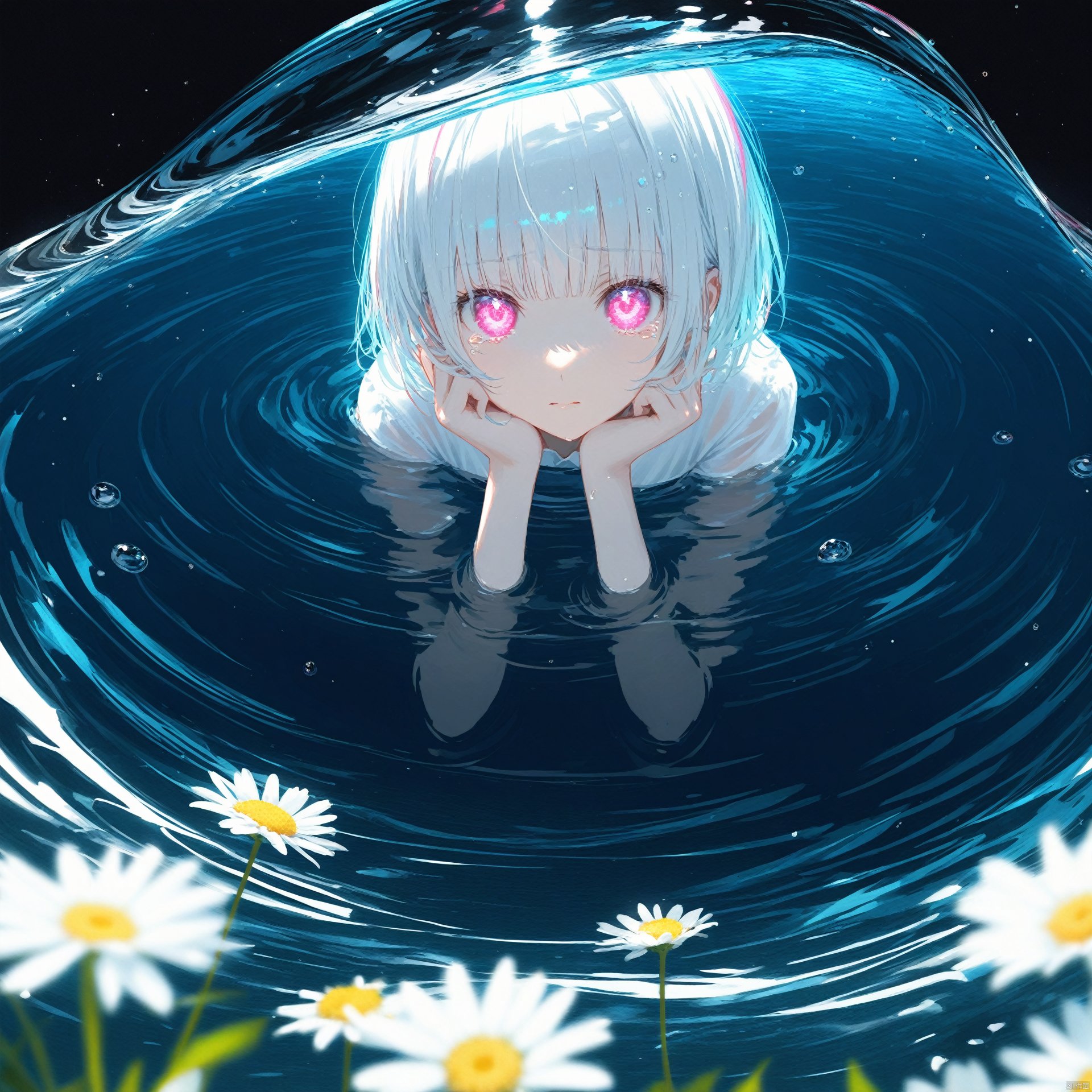  (masterpiece),(best quality),illustration,ultra detailed,hdr,Depth of field,(colorful),(chromatic aberration),(beautiful young female:1.4),(streaming tears),sad,(daisy),(daisy),(daisy),looking at viewer,partially submerged,both hands on own cheek,{see-through long shirt},{no bra},(white hair, short hair, bangs:1.2),(glowing eyes),ripples,dark water,black background,(prismatic)