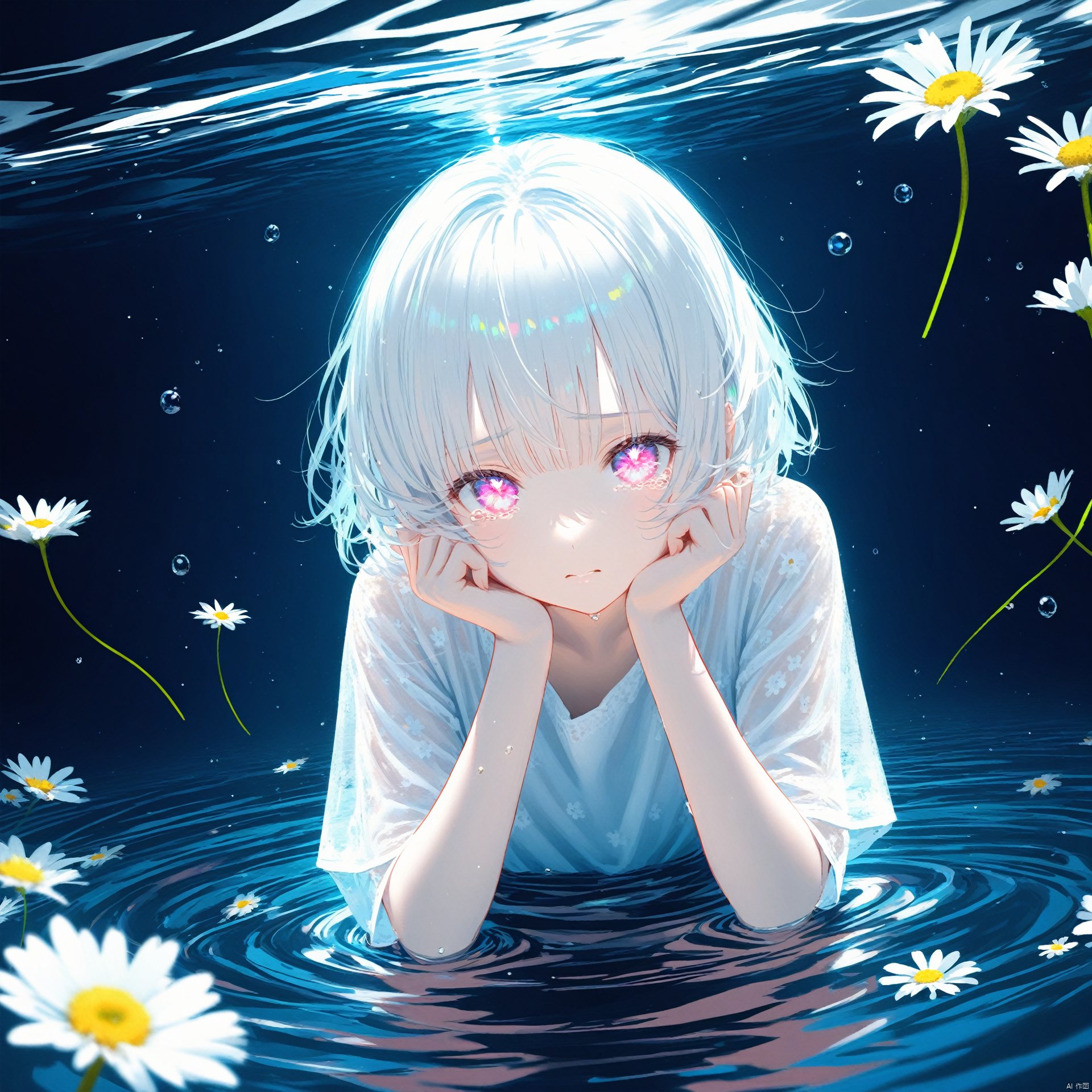  (masterpiece),(best quality),illustration,ultra detailed,hdr,Depth of field,(colorful),(chromatic aberration),(beautiful young female:1.4),(streaming tears),sad,(daisy),(daisy),(daisy),looking at viewer,partially submerged,both hands on own cheek,{see-through long shirt},{no bra},(white hair, short hair, bangs:1.2),(glowing eyes),ripples,dark water,black background,(prismatic)