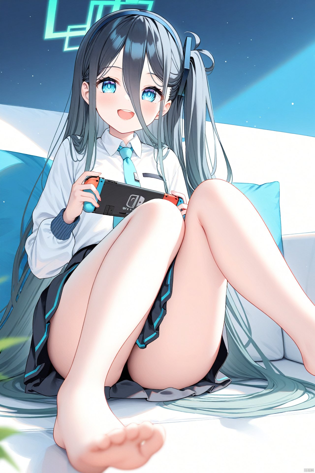 (masterpiece),(best quality),illustration,ultra detailed,hdr,Depth of field,(colorful),(chromatic aberration),1girl,aris (blue archive),barefoot,feet,toes,halo,necktie,long hair,nintendo switch,blue eyes,solo,soles,black hair,foot focus,handheld game console,skirt,blue necktie,v,shirt,legs,foreshortening,white shirt,very long hair,indoors,hair between eyes,open mouth,one side up,looking at viewer,upper teeth only,smile,holding handheld game console,holding,knees apart feet together,bare legs,teeth,collared shirt,black skirt,hairband,spread toes,potted plant,long sleeves,plant,couch,