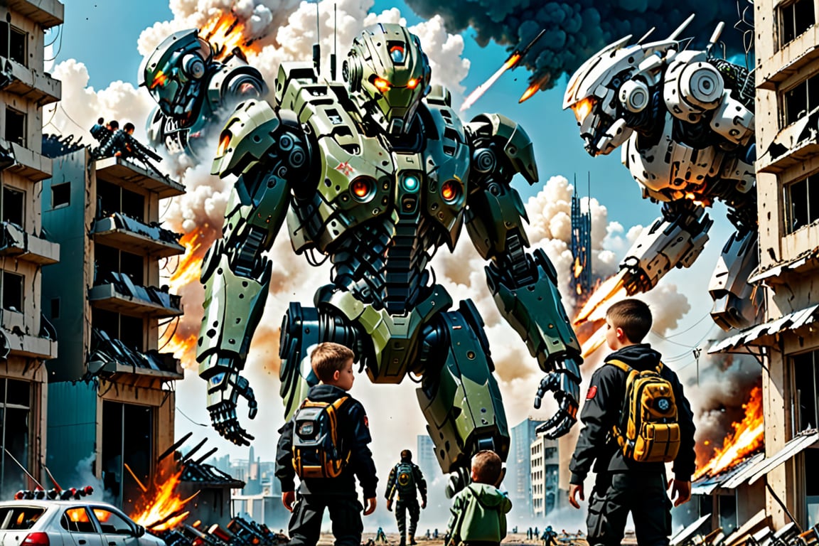 weapon, multiple boys, sky, day, cloud, military, fire, robot, building, science fiction, realistic, cyborg, damaged, cyberpunk