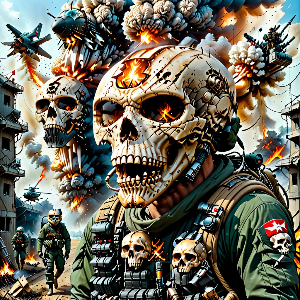 weapon, multiple boys, uniform, gun, military, military uniform, helmet, fire, smoke, science fiction, 6+boys, skull, realistic, aircraft, damaged, soldier
