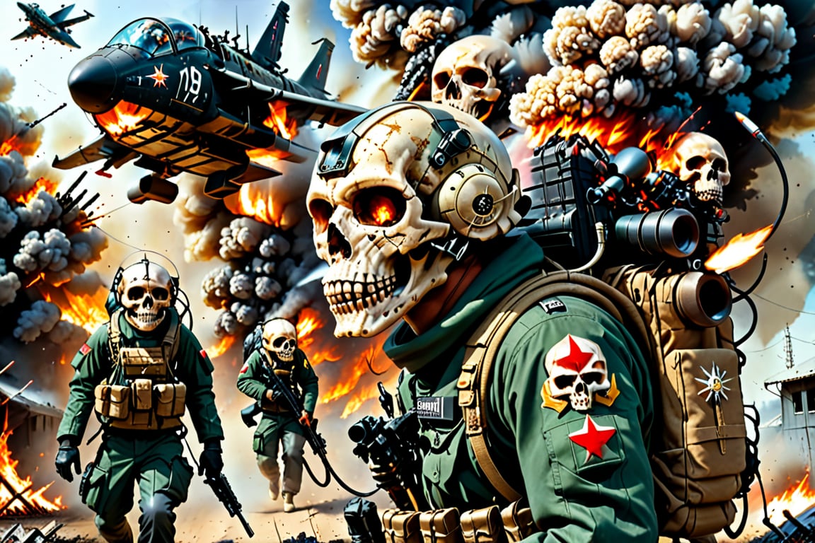 weapon, multiple boys, uniform, gun, military, military uniform, helmet, fire, smoke, science fiction, 6+boys, skull, realistic, aircraft, damaged, soldier
