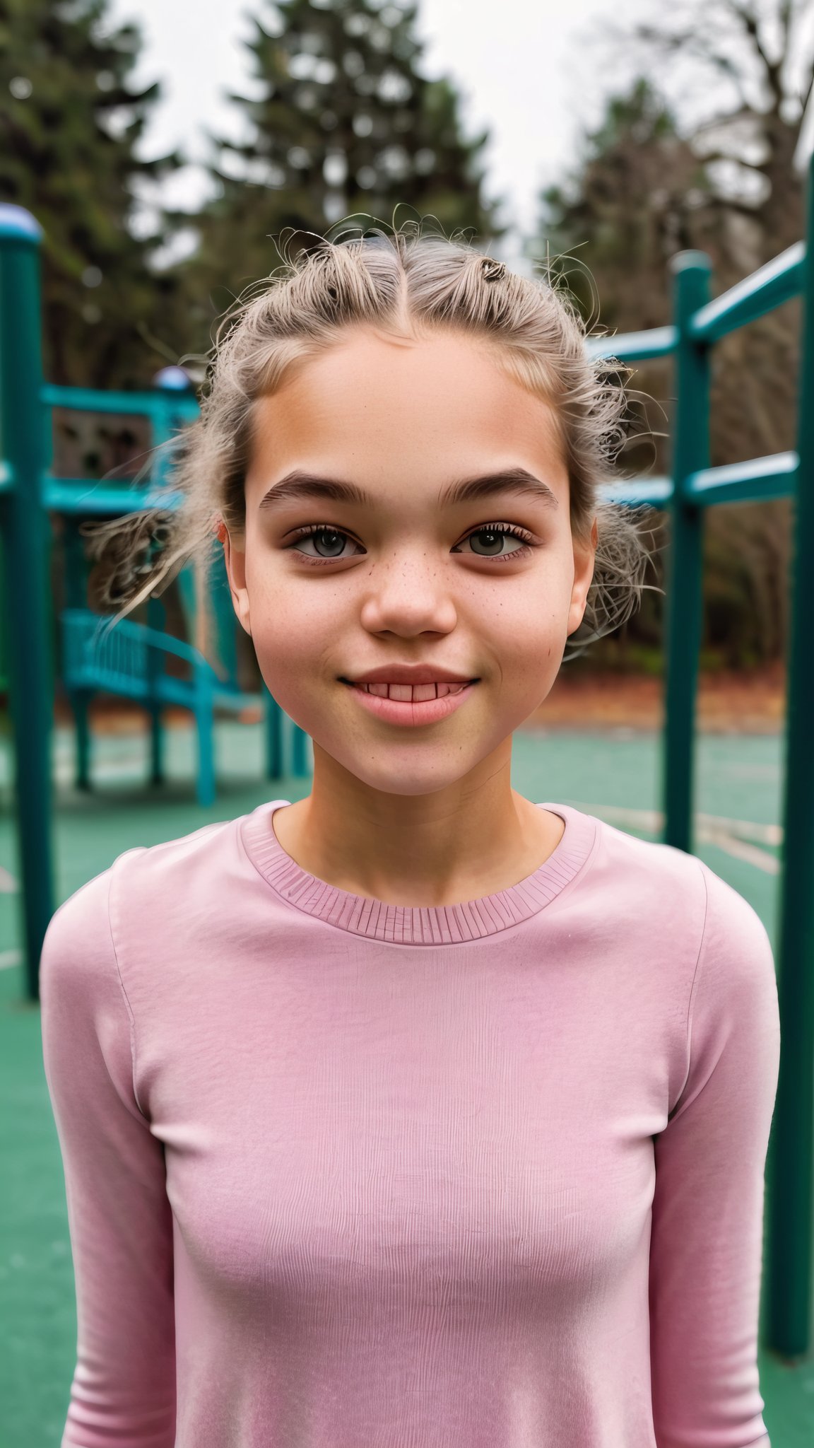 hyperrealistic Portrait photograph of a 12yo girl, winter, playground, happy, movement