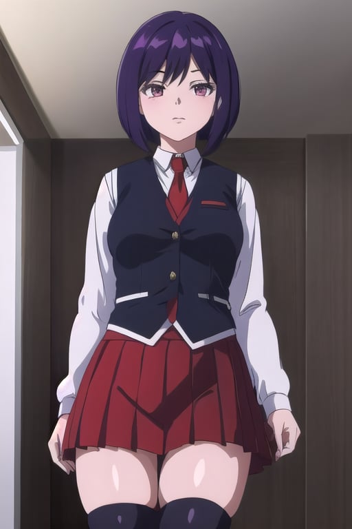 ((masterpiece))  ((4k)) ((high quality))

1girl solo s3ctar14n purple hair short hair standding white_shirt, long sleeves, red pleated skirt, uniform, thighhighs, long sleeves, red tie, (black_vest) indoors