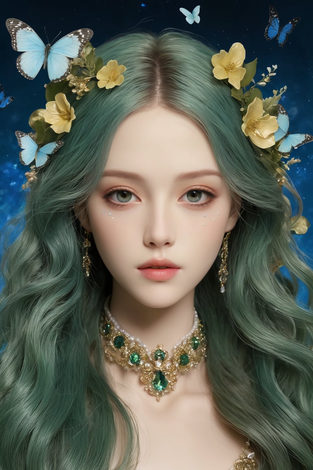 splash art, digital painting, alcohol ink painting, luminism, golden lines, BjD doll face, porcelain skin, baroque, long swirling green hair, lavish green leaves, falling blue flowers, celestial lighting, butterflies, tree branches, sky, golden glowing, water drops, best quality, masterpiece, high res, absurd res, perfect lighting, vibrant colors, intricate details, high detailed skin, pale skin, ,HUBGGIRL, 