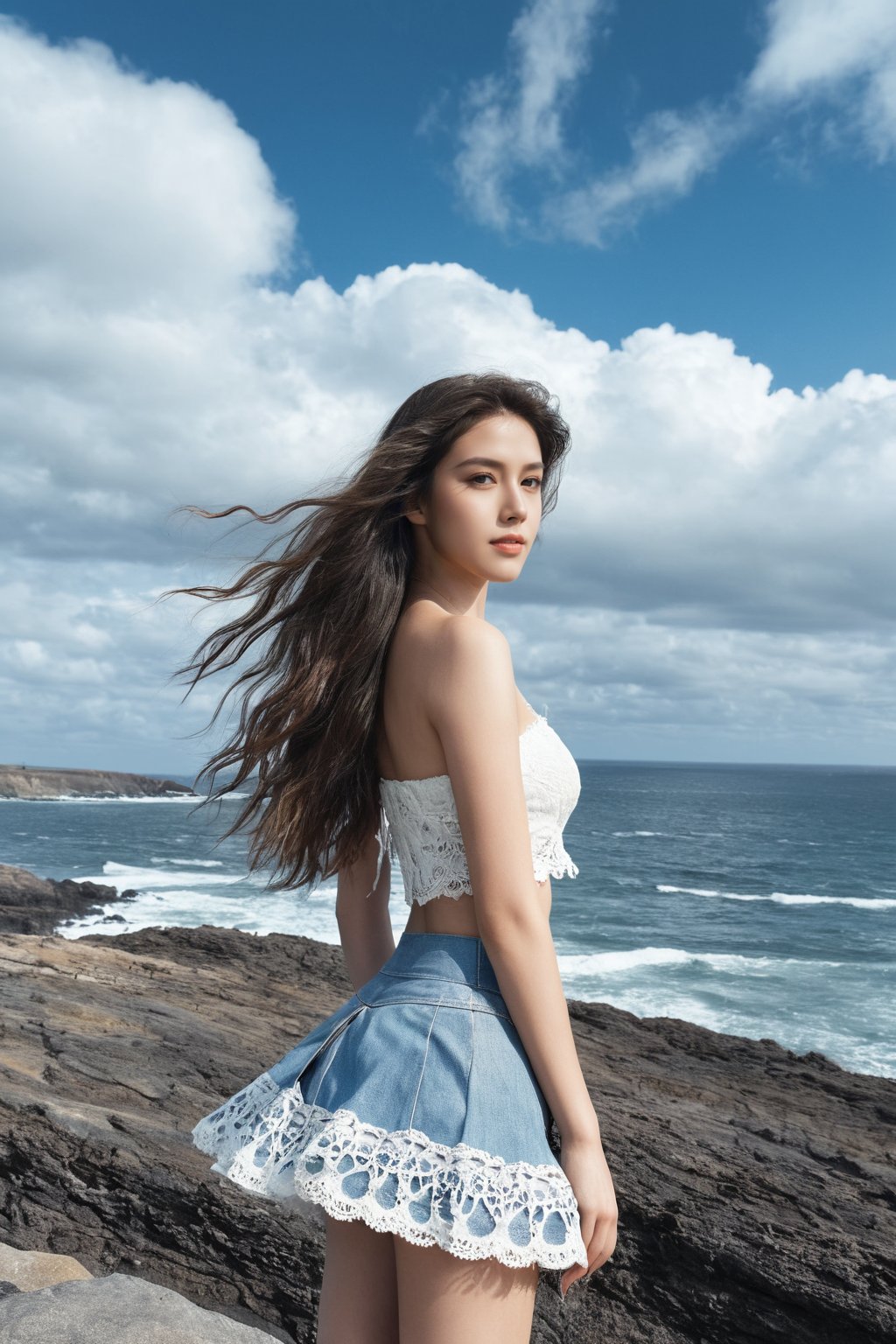 (ultra realistic,best quality),photorealistic,Extremely Realistic, in depth, cinematic light,hubgwomen,hubg_beauty_girl,

1girl,(long hair:1.4),outdoors,(front:1.3),(standing:1.3),seaside,cloudy sky,High-low skirt,(cowboy_shot:1.2),navelwavy hair, 

intricate background, realism,realistic,raw,analog,portrait,photorealistic,hubggirl