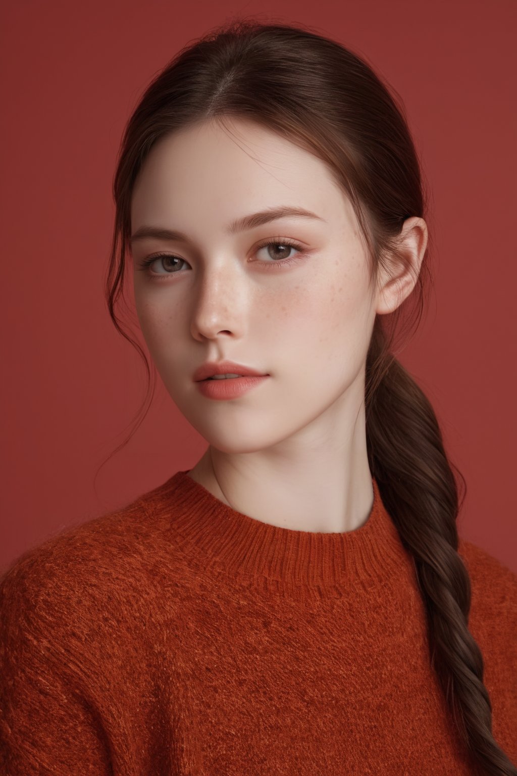 photorealistic,portrait of hubggirl, 
(ultra realistic,best quality),photorealistic,Extremely Realistic, in depth, cinematic light,

1girl, stunningly beautiful woman, picture perfect face,blush,freckled,
red sweater,red background, upper body,

perfect lighting, vibrant colors, intricate details, high detailed skin, pale skin, intricate background, realism,realistic,raw,analog,portrait,photorealistic, taken by Canon EOS,SIGMA Art Lens 35mm F1.4,ISO 200 Shutter Speed 2000,Vivid picture,