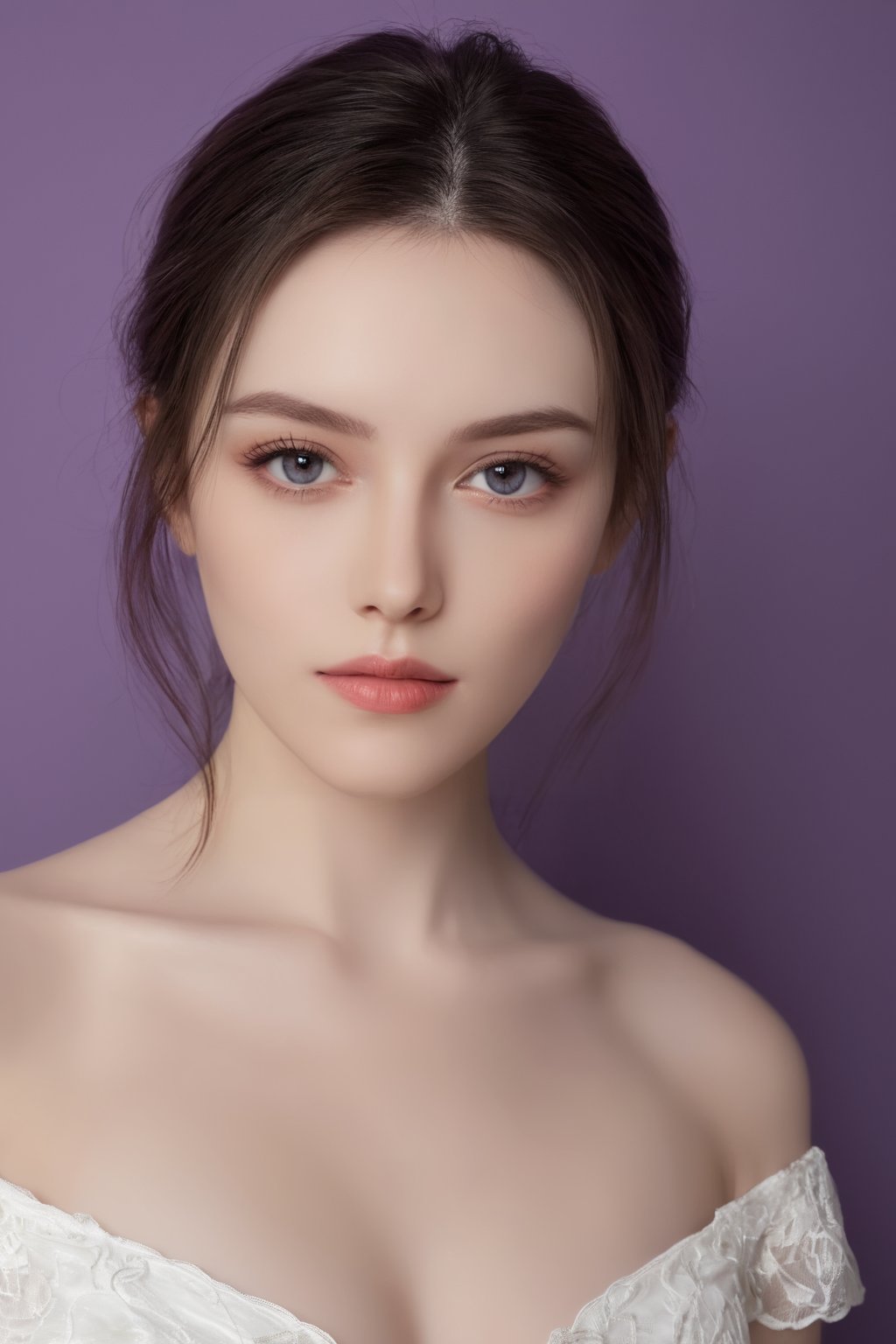 photorealistic,portrait of hubggirl, 
(ultra realistic,best quality),photorealistic,Extremely Realistic, in depth, cinematic light,

1girl, exquisite makeup, eye_contact, ambiguity, sexy pose, purple background, white dress,

perfect lighting, vibrant colors, intricate details, high detailed skin, pale skin, intricate background, realism,realistic,raw,analog,portrait,photorealistic, taken by Canon EOS,SIGMA Art Lens 35mm F1.4,ISO 200 Shutter Speed 2000,Vivid picture,